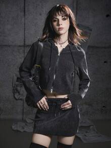 Bloopia 复古美式街头摇滚叛逆时尚个性百搭女装秋冬万圣节新品舒适罗纹针织面料前拉链可调节抽绳短款连帽衫和迷你裙两件套 - 灰色 - 查看 5