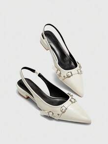 CUCCOO BIZCHIC Women's Fashion Pointed Toe Slingback Flats, Comfortable Commuting & Daily Wear White Backless Loafers