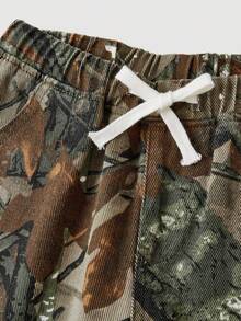 SHEIN Girlism Tween 女童迷彩树枝印花宽松阔腿牛仔裤 秋冬 - 軍綠色 - 查看 3