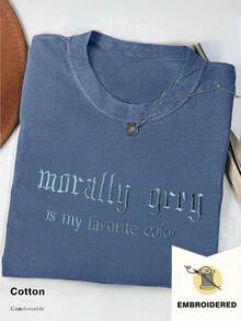 INAWLY Áo thun nữ cổ tròn tay ngắn thêu khẩu hiệu mùa hè đa năng - Màu xanh hải quân - Xem 3