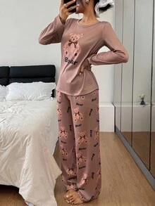 2件套女士可爱小熊印花长袖上衣和裤子睡衣套装，秋冬服装 - 彩色 - 查看 6