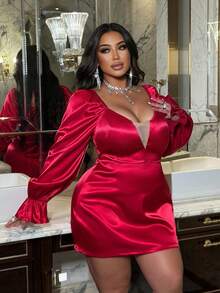 SHEIN LUNE Vestido Elegante, Sexy e Versátil de Manga Longa com Decote em V, Plus Size, Estilo Romântico - Vinho - Visão 3