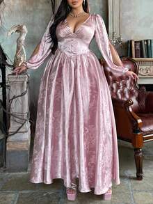 Lyrianda Plus Size Women's V-Neck Waist Cinched Long Sleeve Flowing Satin Textured Elegant Vintage Casual Cocktail Party Dress