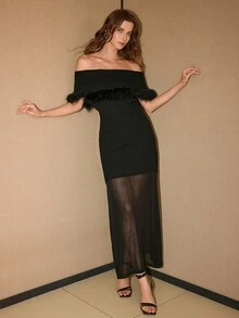 MOTF PREMIUM فستان كنزة صوفية أنيق نصف شفاف ذو حاشية فرائية وذيل متدفق - الأسود - مشاهدة 7