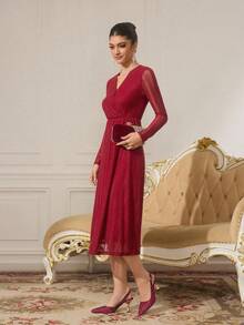 CUCCOO TILAWA 女士时尚勃艮第红色闪光水钻装饰高跟细高跟尖头露跟浅口鞋 - 酒紅色 - 查看 2