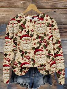 SHEIN LUNE 圣诞节仿皮草圣诞帽休闲简约印花圆领宽松女式运动衫，秋冬 - 彩色 - 查看 4