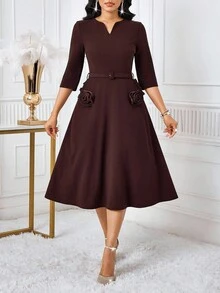 SHEIN Lady 女士优雅纯色缺口领中长连衣裙，带花卉装饰和带扣腰带，适合春秋季节 - 棕色 - 查看 5