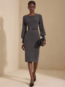 JIAN LASALA Round Neck Bishop Long Sleeves Fitted Bodycon Sweater Midi Dress Women Elegant Autumn Wear Sweater Dresses For Women Long Sleeve Dresses Woman Sweater Dress Knit Dress Luxury Stylish Clothing Collection Party Dress - Dark Grey - View 4