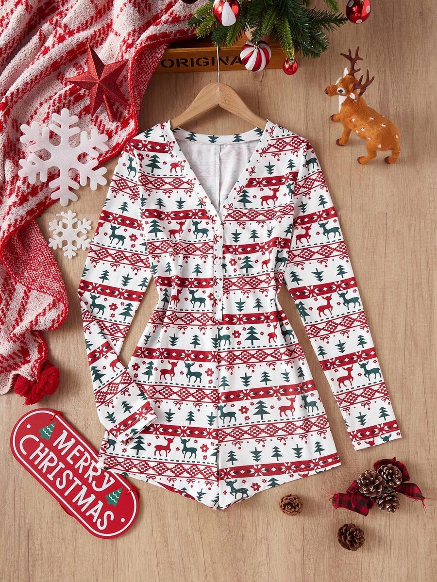 SHEIN 女士修身圣诞图案印花连体睡衣，冬季 - 彩色 - 查看 1