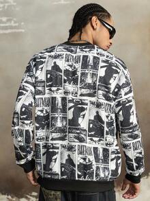 BATMAN X SHEIN 男士休闲时尚街头拼接印花落肩宽松套头卫衣，春秋季长袖上衣 - 黑色 - 查看 6