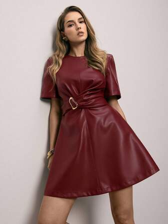 ATUI Studio Vestido mini de mujer con cintura de PU, de estilo sencillo y versátil, adecuado para ir al trabajo, uso diario, vacaciones, oficina, ropa minimalista para mujer.