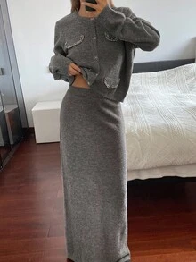 Livesso 女士秋季圆领开衫和长针织裙两件套 - 灰色 - 查看 1