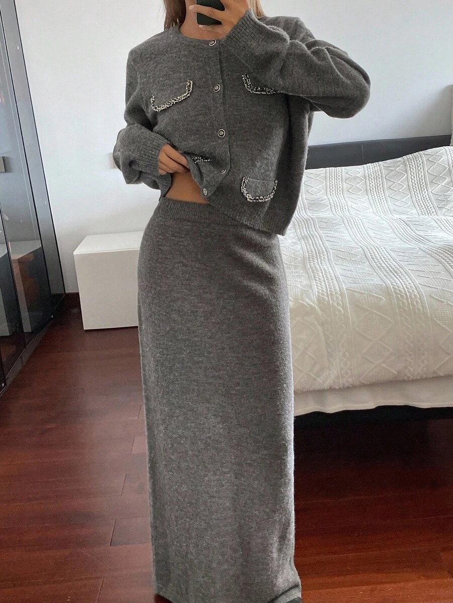 Livesso 女士秋季圆领开衫和长针织裙两件套 - 灰色 - 查看 1