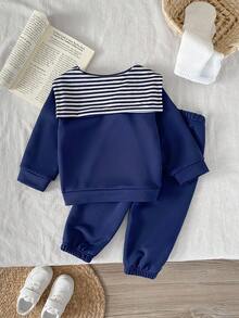 SHEIN 3 件套女婴幼儿新生儿 0-3 岁秋冬时尚百搭服装套装：可拆卸披肩 + 长袖圆领运动衫 + 裤子 - 藏蓝色 - 查看 2