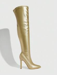 Daringsoles 女士弹力靴、细靴、尖头细高跟性感派对靴、过膝靴、PU 皮革棕色靴子、秋冬靴 - 金色 - 查看 5