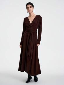 Aalyst Women's Elegant High-End Dark Brown Autumn V-Neck Cinched Waist Maxi Dress, Formal Office Business Casual Wedding Guest Afternoon Tea Dining Long Sleeve Dress - Mocha Brown - View 5