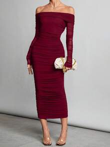 SHEIN Tall Autumn And Winter Off-Shoulder Ruffled Mesh Sexy Tight Date Black Sleeve Long Dress