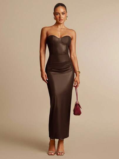 Silquee Women's Solid Color Pleated Bodycon Elegant Strapless Dress,Wedding Guest Dress Women,Dresses For Women Elegant,New Year Dress ,Elegant Party Dresses