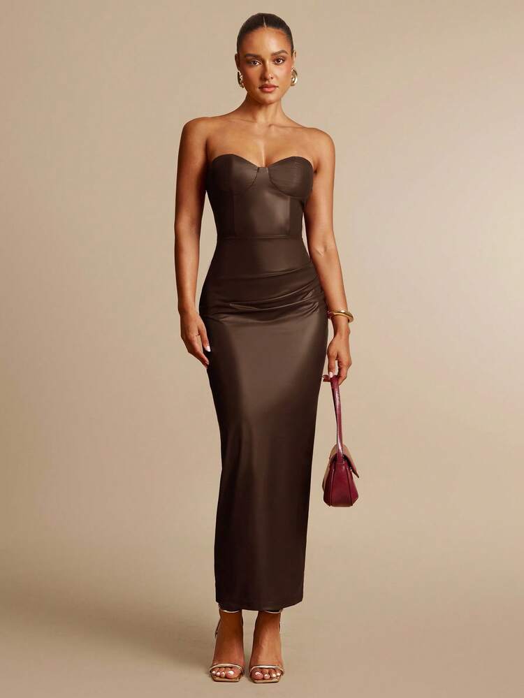 brown going out dress Silquee Women's Jacquard Strapless Slim Fit Elegant Coffee Color Long Dress  Elegant Dresses For Women Elegant Long Party Dress Going Out Outfits Brown  Dress
