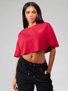 Missguided x Playboy 圣诞节超大款短款棉质T恤，樱桃印花时尚T恤，休闲夏季节日街头风露脐短袖宽松版型，Logo设计 - 紅色 - 查看 2