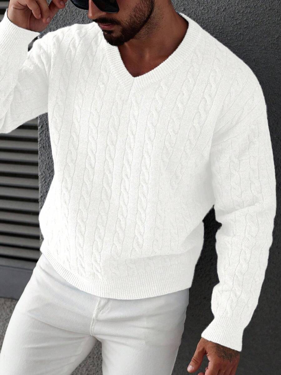 Manfinity Homme Áo len dệt kim tay dài cổ chữ V tối giản màu trơn dành cho nam, trang phục thường ngày, thu/đông - trắng - Xem 1