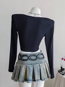 SHEIN Unity Áo crop top tay dài màu trơn đơn giản, xoắn phía trước dành cho nữ - Màu xanh hải quân - Xem 2