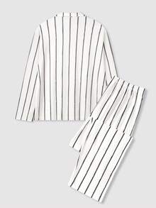 SHEIN Striped Button-Front Pocket Long Sleeve Pants Men's Pajama Set, Fall Clothes - Multicolor - View 2