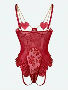SpicyHot 1pc Spicy Hot Gold Chain, Shiny Heart Rhinestone, Lace & Mesh Splice Sexy Bodysuit For Women Burgundy Lingerie Set Dark Red Lingerie Set Maroon Lingerie Intimate Lingerie Sets Erotic Lingerie