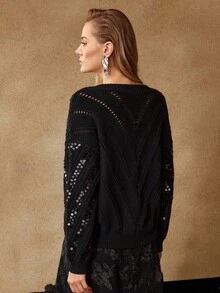 MOTF PREMIUM WINTER SEQUIN POINTELLE KNIT V NECK SWEATER - Black - View 4