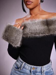 Denimoi Lässiger, langärmliger, taillierter Pullover-Bodysuit mit Pelzbesatz für Damen