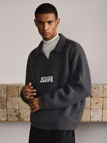 SWAVVY Men's Loose Fit Letter Pattern Wool Blend Drop Shoulder Casual Sweater, Autumn/Winter - Dark Grey - View 6