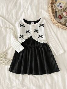 SHEIN 1 Set Girls Elegant White Bow Cardigan + Black Suspender Skirt Outfit, Long Sleeve 2 Pieces Set, Autumn/Winter