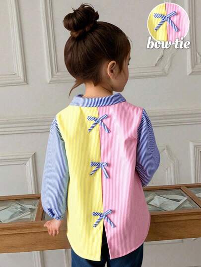 Elladie kids Young Girls Casual Fashion Shirt, Woven Fabric, Colorful Striped Digital Print Pattern, White Button Front Placket, Bow Design Back, Long Sleeve Collar Shirt, Suitable For Girls In Spring And Autumn, Cute, Lively, Casual, Daily, School, Party, Photo Shoot