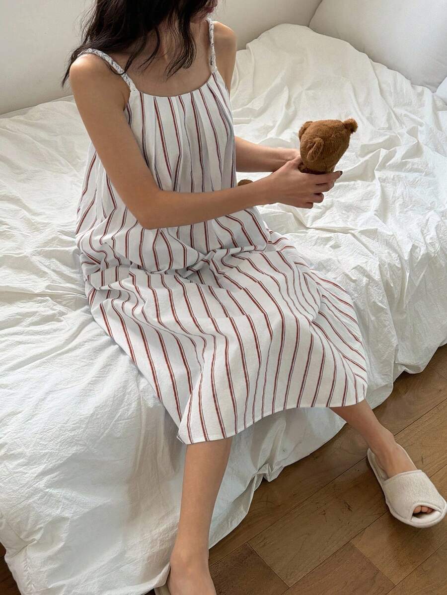 DAZY Striped A-Line Long Strap Women's Nightgown Pajama - Coffee Brown - View 1