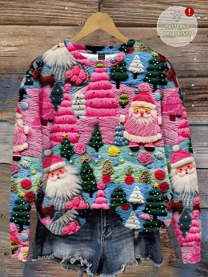 SHEIN LUNE Christmas Casual Minimalist Printed Round Neck Loose Fit Long Sleeve Hoodie Sweatshirt For Women Autumn Winter Clothes For Women,Christmas