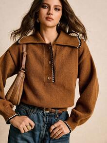 Poéselle 女式休闲宽松 Polo 领落肩长袖毛衣，秋冬 - 咖啡棕 - 查看 7