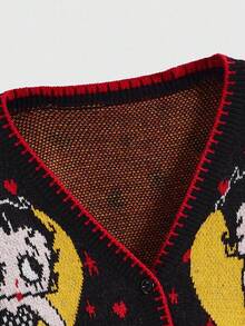 Betty Boop | ROMWE 秋季 Y2K Betty 心形和星星图案开衫 - 黑色 - 查看 3