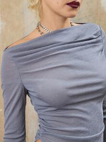 COUREZ Longline Long Sleeve Top With Side Ruching /Y2K  Clothes For Women Spring Clothes For Women Casual  Going Out Tops - Grey - View 6