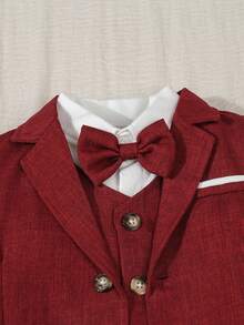 SHEIN 4件套男宝宝返校绅士套装，包括带蝴蝶结的长袖衬衫、马甲、长袖西装外套和裤子，适合生日、婚礼、洗礼和一周岁生日派对，儿童比赛表演婚礼正式礼服。 - 紅色 - 查看 5