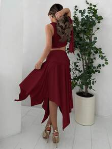 Jemour 女士纯白色不对称领带吊带背心上衣 + 不对称下摆高开叉褶皱下摆裙子毕业礼服 - 酒紅色 - 查看 2