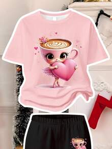 SHEIN Conte de fées rose, tasse à cappuccino mignonne de fille de ballet de dessin animé, ensemble de t-shirt à manches courtes et pantalon évasé à motif de cœur pour fille préadolescente, décontracté et ample, convenant à toutes les saisons pour le port quotidien, les selfies à la maison, les fêtes de Noël, les tenues d'automne et d'hiver pour les sorties, le confort facile, les couches d'automne et d'hiver pour les filles, les vêtements graphiques pour enfants, les vêtements d'automne et d'hiver, l'automne chic, le nouveau style