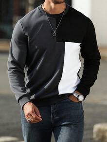 Manfinity Homme 男士撞色圆领长袖休闲卫衣，秋冬男士卫衣，休闲男士套头衫 - 彩色 - 查看 3