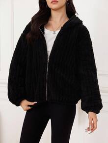 SHEIN Teen Girls Autumn And Winter Casual Black Solid Double-Faced Fleece Mid-Weight Hooded Jacket With Cute Ear Shape Details, Suitable For Halloween, Christmas, Spring Festival, Girls' Jacket - Black - View 5