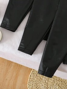 SHEIN Babygirl 百搭可爱休闲黑色针织闪亮松紧腰裤 - 黑色 - 查看 7