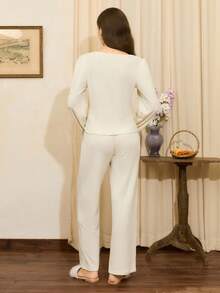 Côtesoire 法式优雅蕾丝拼布长袖和裤子女士睡衣套装，秋冬莫代尔睡衣套装柔软睡衣套装两件套睡衣套装家居服女士套装睡衣女士套装，秋装 - 米色 - 查看 3