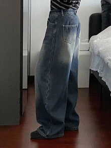 DAZY Vintage Loose Street-Style Washed Distressed Wide-Leg Women Jeans