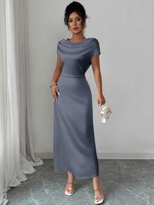 Rafferiza فستان نسائي أنيق بياقة عالية وأكمام قصيرة من الساتان مع ربطة عنق، مناسب للمناسبات والذهاب إلى العمل