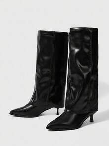 SHEIN BAE 搭配毛衣裙，尖头高筒高跟过膝长靴，亮面皮革，性感骑行风格，适合秋冬季 - 黑色 - 查看 1