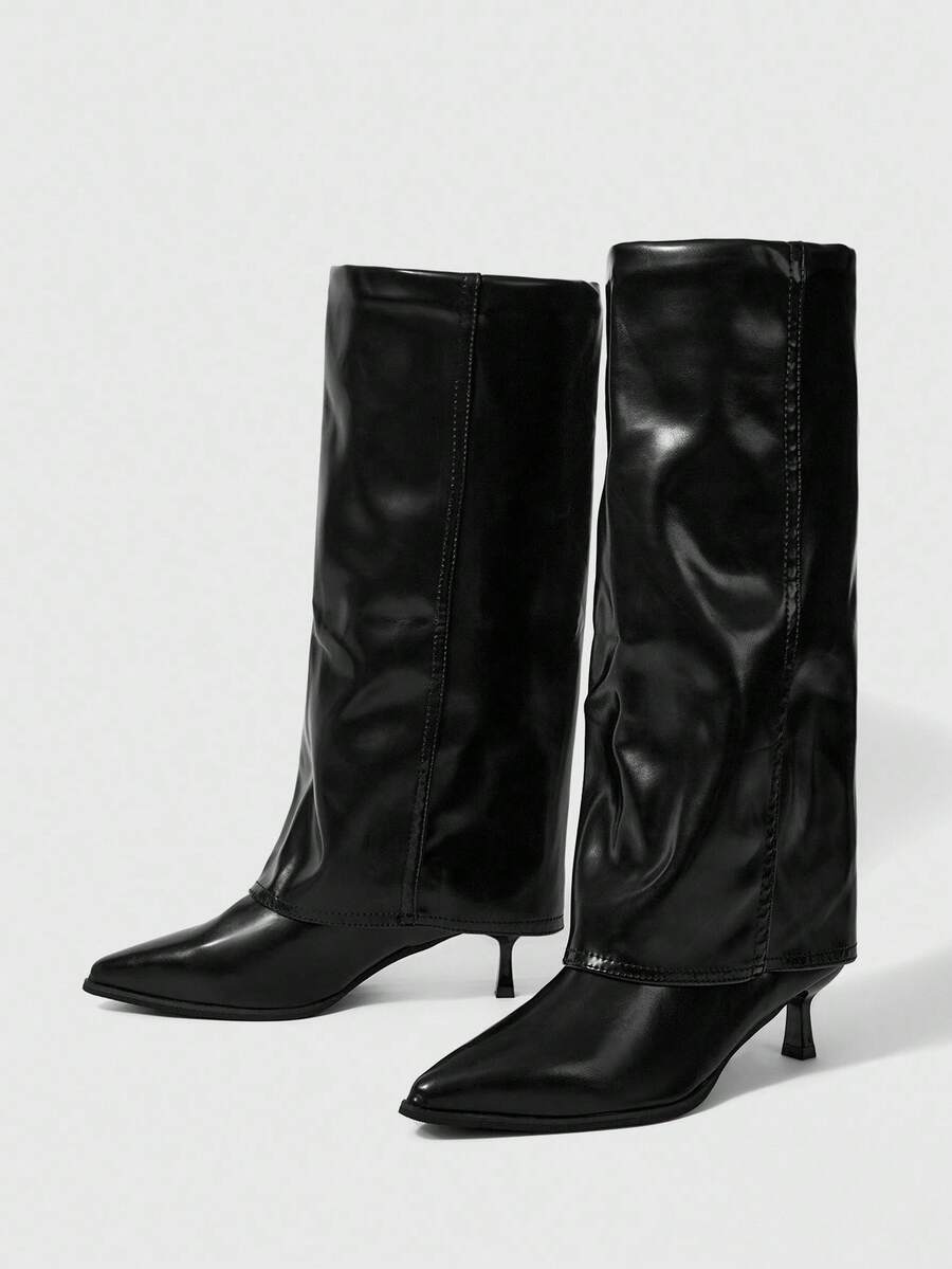 SHEIN BAE 搭配毛衣裙，尖头高筒高跟过膝长靴，亮面皮革，性感骑行风格，适合秋冬季 - 黑色 - 查看 1