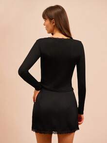 lacRébo Black Ribbed Fitted Top With V-Neck, Lace Trim And Floral Embroidery Office Outfits Going Out Outfits Spring Summer Elegant Top - Black - View 3